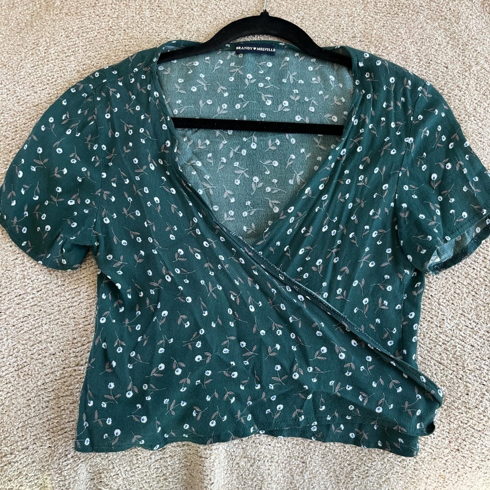 Brandy Melville Teal Floral Wrap Blouse